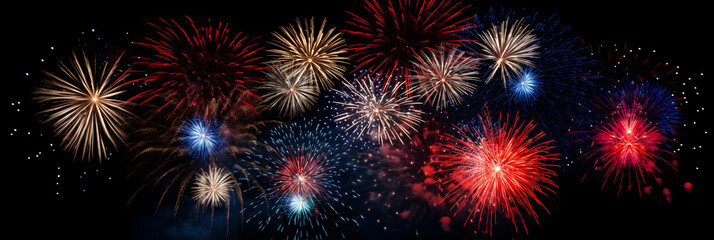 Fototapeta premium Red, white, and blue fireworks on a black background.