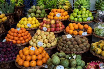 Fresh exotic fruits on famous market in Funchal Mercado dos Lavradores Madeira island.