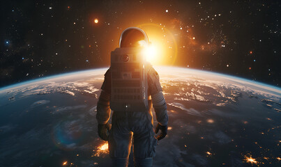 Astronaut in outer space. Astronaut at the Earth. Astronaut in vivid space, adorned with stars, planets,