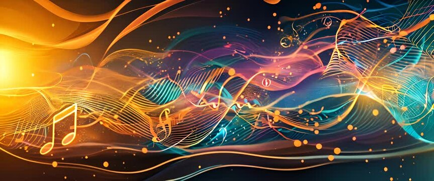 a visually striking abstract music background with elements reminiscent of musical notes, waves