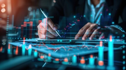 analysis working with the latest financial results. Analysis of sales forecast graphs, financial accounting with hand writing Abstract digital effect for background