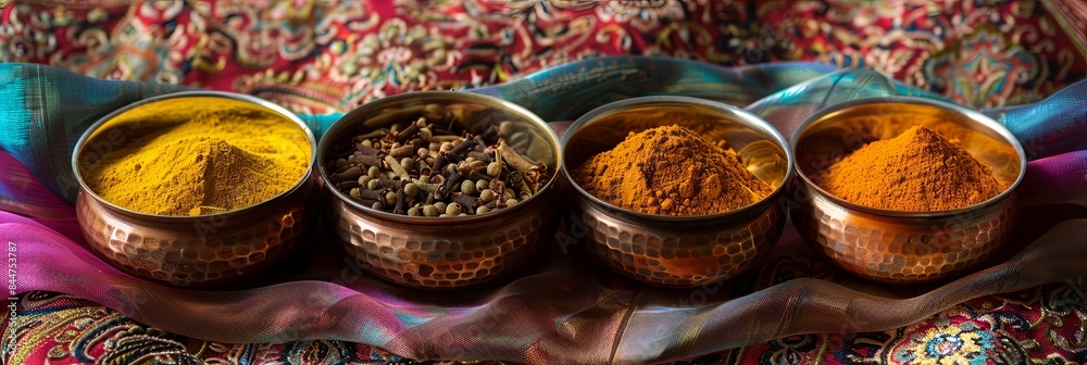 Poster a close-up image of traditional indian spices in copper bowls arranged on a colorful fabric backgrou