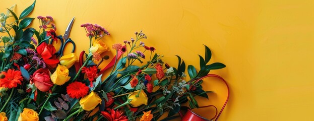 A beautiful bouquet of red, yellow, and orange flowers against a solid yellow background. AIGZ01