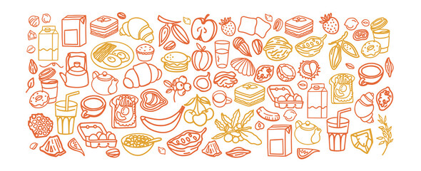 Breakfast hand drawn ingredients vector set. Crunches. Morning meal menu design. Collection of dishes for breakfast and brunch. Sketch. Fresh vegetables, cheese, scrambled eggs, bacon, coffee.