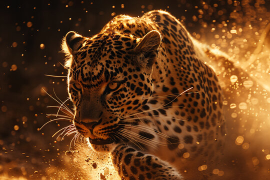 A leopard attacking, dynamic energy, a wild cat charging towards its prey
