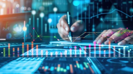 analysis working with the latest financial results. Analysis of sales forecast graphs, financial accounting with hand writing Abstract digital effect for background