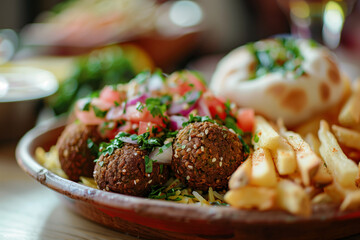 A close-up photo of a falafel plate with fries from a kebab shop.