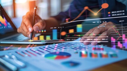 analysis working with the latest financial results. Analysis of sales forecast graphs, financial accounting with hand writing Abstract digital effect for background