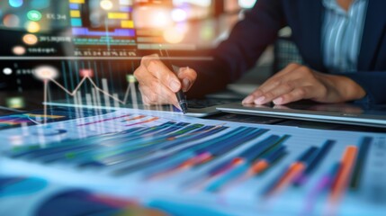 Naklejka premium analysis working with the latest financial results. Analysis of sales forecast graphs, financial accounting with hand writing Abstract digital effect for background