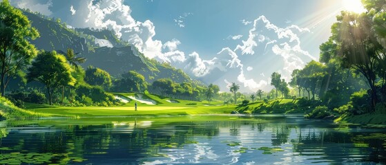 Illustration of a Serene scene of a golfer taking a swing on a lush green course.