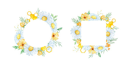 Watercolor floral frame with honeycomb, daisy and leaves