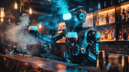 The picture of the robot that working as the bartender at the bar also serving the beverage or cocktails, the bartender require skill ingredient knowledge, menu development and flavor pairing. AIG43.