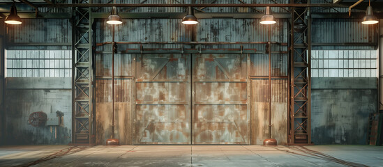 Rustic and Weathered Warehouse Entrance with Vintage Metal Doors building