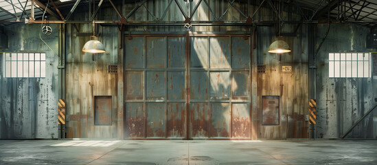 Rustic and Weathered Warehouse Entrance with Vintage Metal Doors building