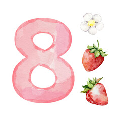 Watercolor pink number 8 with strawberry and flowers