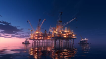 Obraz premium An offshore oil rig stands majestically above the ocean waters at dusk, with its complex structure illuminated by lights against the twilight sky.