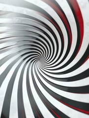 Abstract black and white spiral pattern with a red accent, creating a mesmerizing optical illusion and hypnotic visual effect.