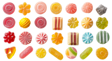 A collection of assorted colorful candies isolated on transparent background