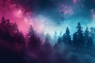 Fototapeta premium A magical twilight scene with glittering stars above a forest path illuminated by an ethereal glow