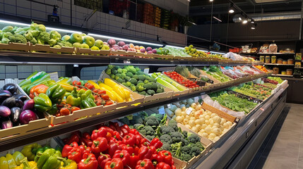 Obraz premium Vibrant freshness: fruits and vegetables on supermarket display.