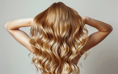 Fototapeta premium A woman with long, curly blonde hair is holding her hair up. The hair is styled in a way that it looks like it is being pulled back