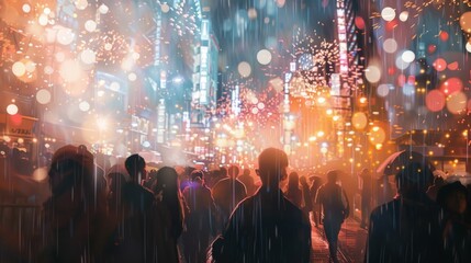 Crowd illuminated by fireworks generative ai