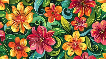 A seamless pattern with a floral motif. The pattern features colorful flowers and leaves on a dark background.