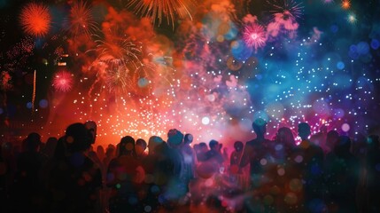 Crowd illuminated by fireworks generative ai