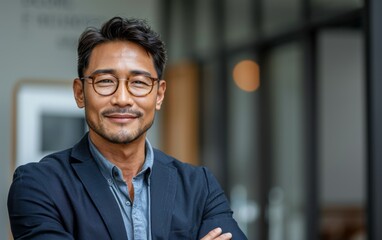 Obraz premium A man in a suit and glasses is smiling and posing for a picture. He looks confident and professional