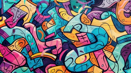 This is an abstract graffiti mural. The graffiti is a colorful and vibrant mix of shapes and colors. The overall effect is one of movement and energy.