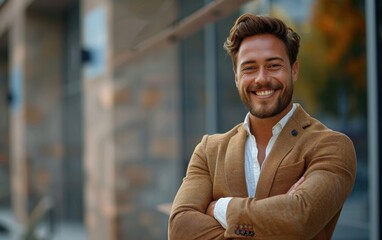 Obraz premium A man in a brown jacket and white shirt is smiling and posing for a picture. He is wearing a jacket with a collar and a white shirt underneath