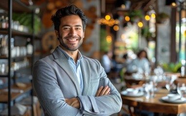 Fototapeta premium A man in a gray jacket is smiling and posing for a picture in a restaurant. The atmosphere of the image is cheerful and friendly, as the man is enjoying his time at the restaurant