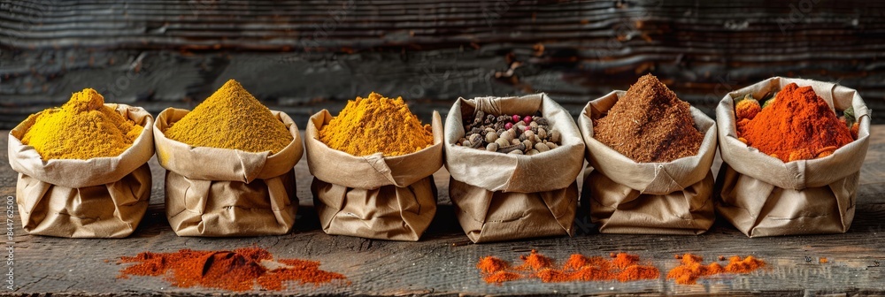 Poster a close-up shot of various dry spices in open paper bags arranged on a rustic wooden surface. the sp
