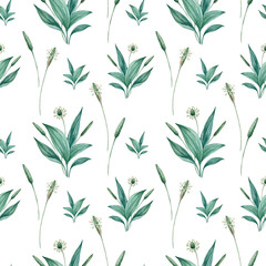 Seamless watercolor floral pattern with green leaves and plantain flowers.