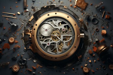 Intricate watch mechanism with parts scattered artfully on a dark, moody surface