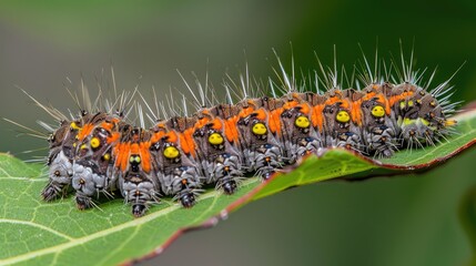 Fototapeta premium Fuzzy pine processionary caterpillar displaying noticeable orange stripe on a green leaf