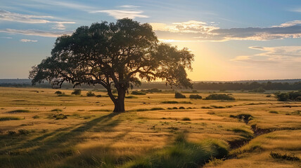 Obraz premium Savannah sunset tranquil beauty in nature horizon, AI Generative