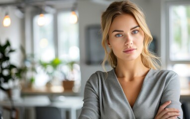 A woman with blonde hair and blue eyes is standing in front of a window. She is wearing a gray sweater and has her arms crossed. The room has a modern and clean look, with a few potted plants