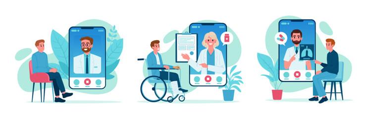 Doctors online consultation. Online medicine services, doctor appointment, test results and medicines prescriptions flat vector illustration set. Digital healthcare service concept