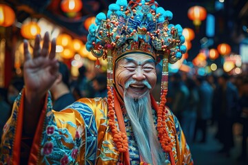Elderly man in traditional festive attire smiling and waving at a vibrant night festival with colorful lanterns in the background.