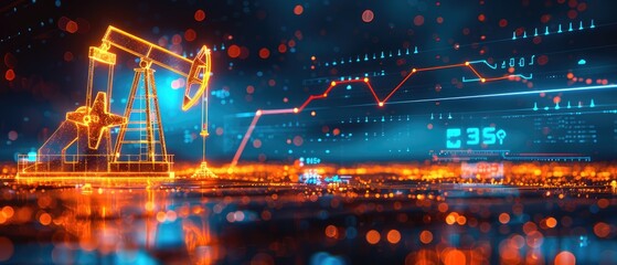 Futuristic digital representation of oil industry with graphs and data analysis. Concept of oil market trends and technology in energy sector.