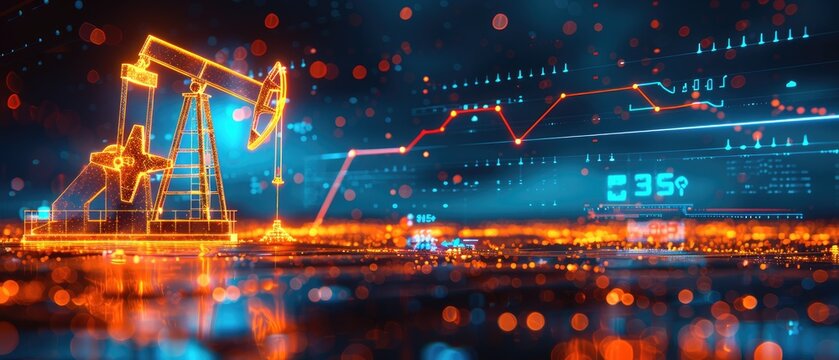 Futuristic digital representation of oil industry with graphs and data analysis. Concept of oil market trends and technology in energy sector.
