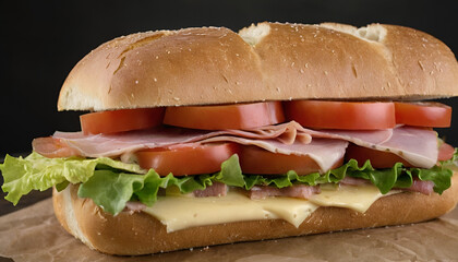 ham and cheese sandwich with lettuce, tomato, and mustard.