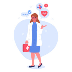 Female doctor. Therapist or paramedic, medical clinic professional female worker flat vector illustration. Healthcare and medicine concept