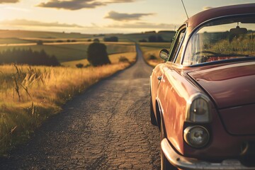 Fototapeta premium A classic car drives down a rural road at sunset. The golden light illuminates the fields and creates a sense of peace and tranquility.