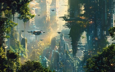 Portal to the Future: Stunning Sci-Fi Cityscape Viewed from Ancient Forest Time Rift