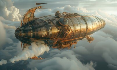Inventive Steampunk Airship with Time Travel Contraption Soaring Through Clouds in 3D Render