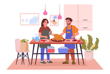 Food preparation at home. Cooking family, woman and man cooking together flat vector illustration. Home cooking scene