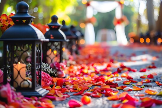A pathway lined with lanterns and rose petals leading to a wedding ceremony.