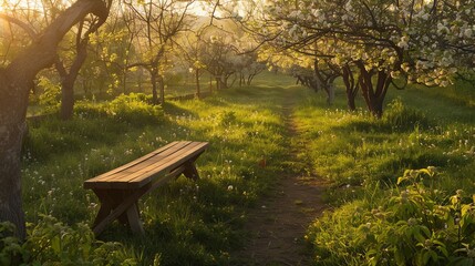 Naklejka premium A rustic bench sits alone in a sun-drenched orchard, inviting relaxation amidst the blooming trees.